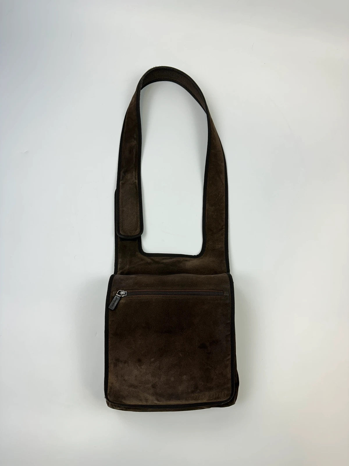 Miu Miu brown suede and mesh crossbody bag with logo detail and vintage design.