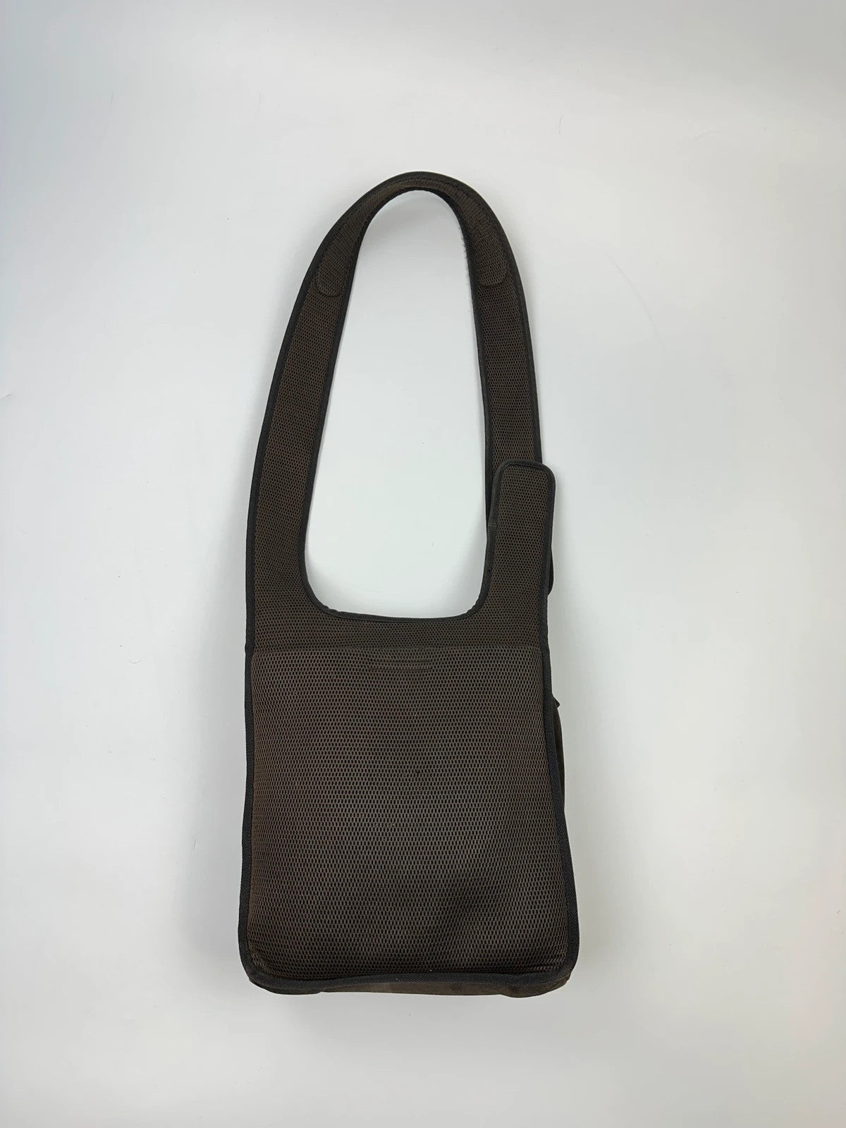 Miu Miu brown suede and mesh crossbody bag with logo detail and vintage design.