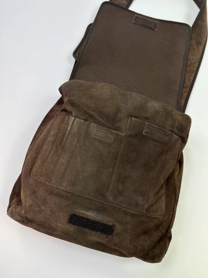 Miu Miu brown suede and mesh crossbody bag with logo detail and vintage design.