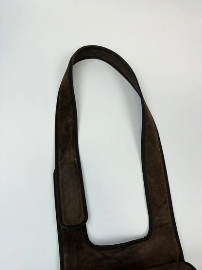 Miu Miu brown suede and mesh crossbody bag with logo detail and vintage design.