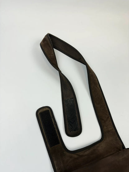 Miu Miu brown suede and mesh crossbody bag with logo detail and vintage design.