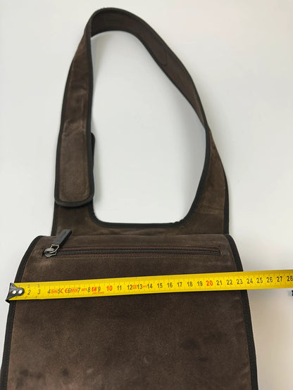 Miu Miu brown suede and mesh crossbody bag with logo detail and vintage design.