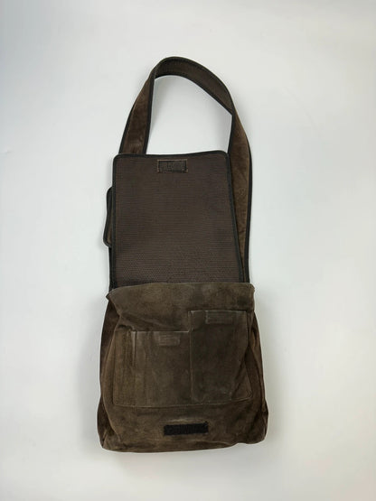 Miu Miu brown suede and mesh crossbody bag with logo detail and vintage design.