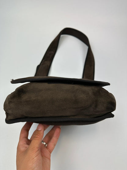 Miu Miu brown suede and mesh crossbody bag with logo detail and vintage design.