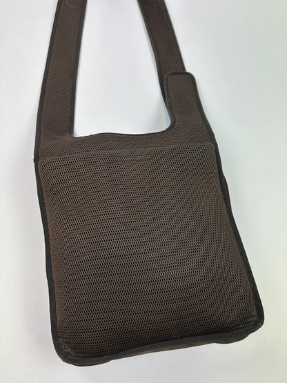 Miu Miu brown suede and mesh crossbody bag with logo detail and vintage design.