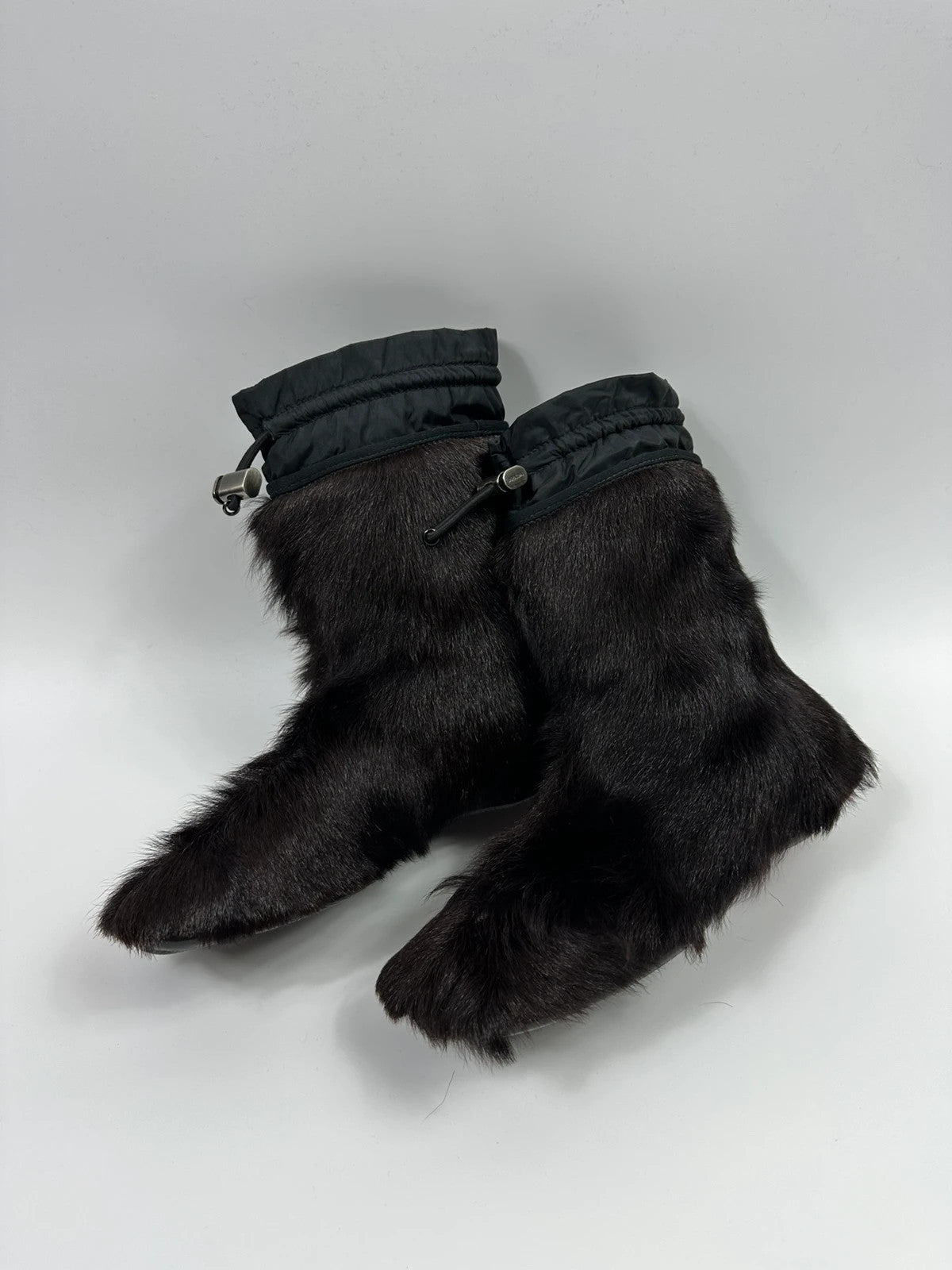 Prada brown fur Yeti boots with logo detail, vintage 1999 runway collection.