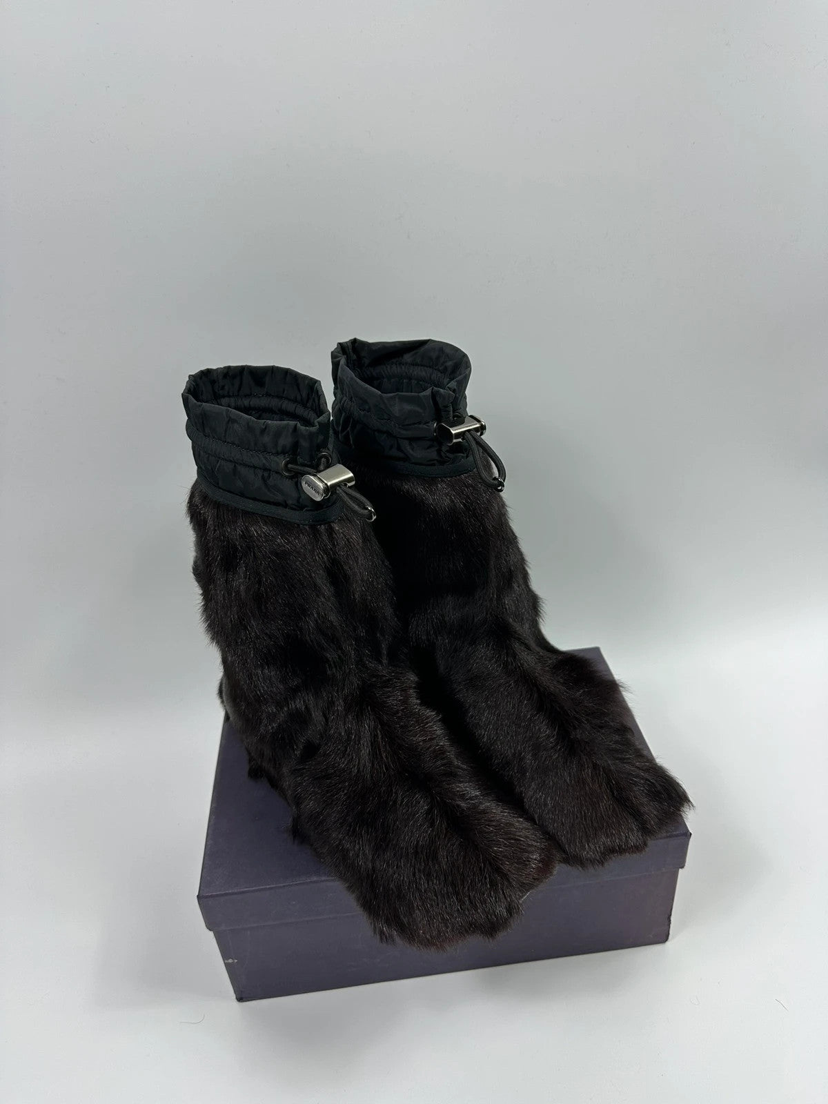 Prada brown fur Yeti boots with logo detail, vintage 1999 runway collection.