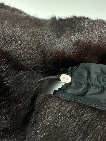 Prada brown fur Yeti boots with logo detail, vintage 1999 runway collection.