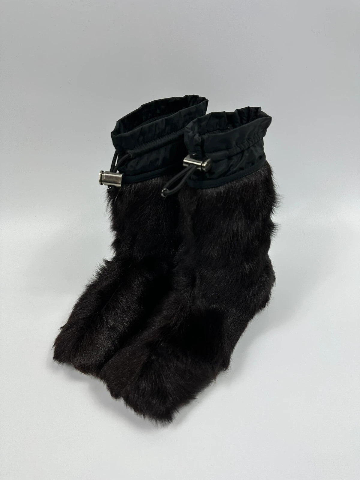 Prada brown fur Yeti boots with logo detail, vintage 1999 runway collection.