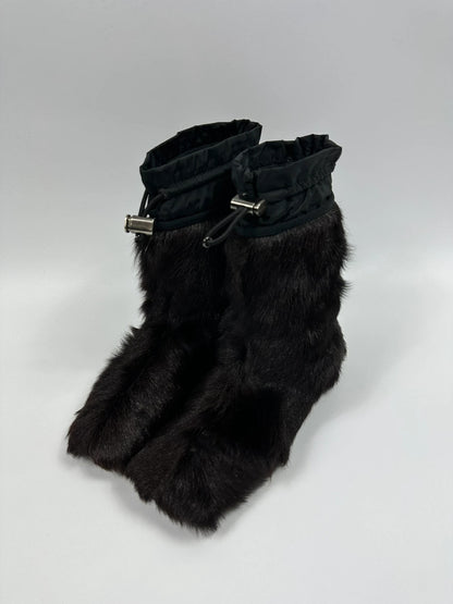 Prada brown fur Yeti boots with logo detail, vintage 1999 runway collection.