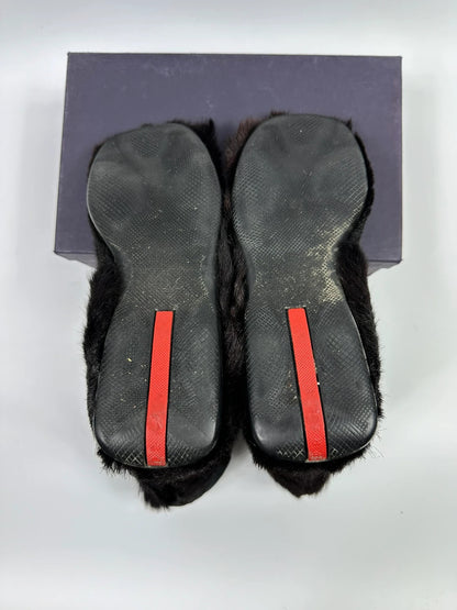 Prada brown fur Yeti boots with logo detail, vintage 1999 runway collection.