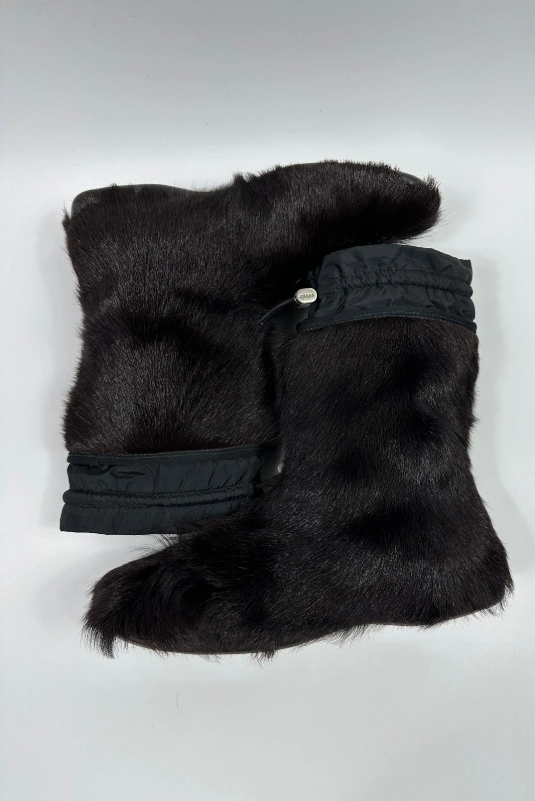 Prada brown fur Yeti boots with logo detail, vintage 1999 runway collection.