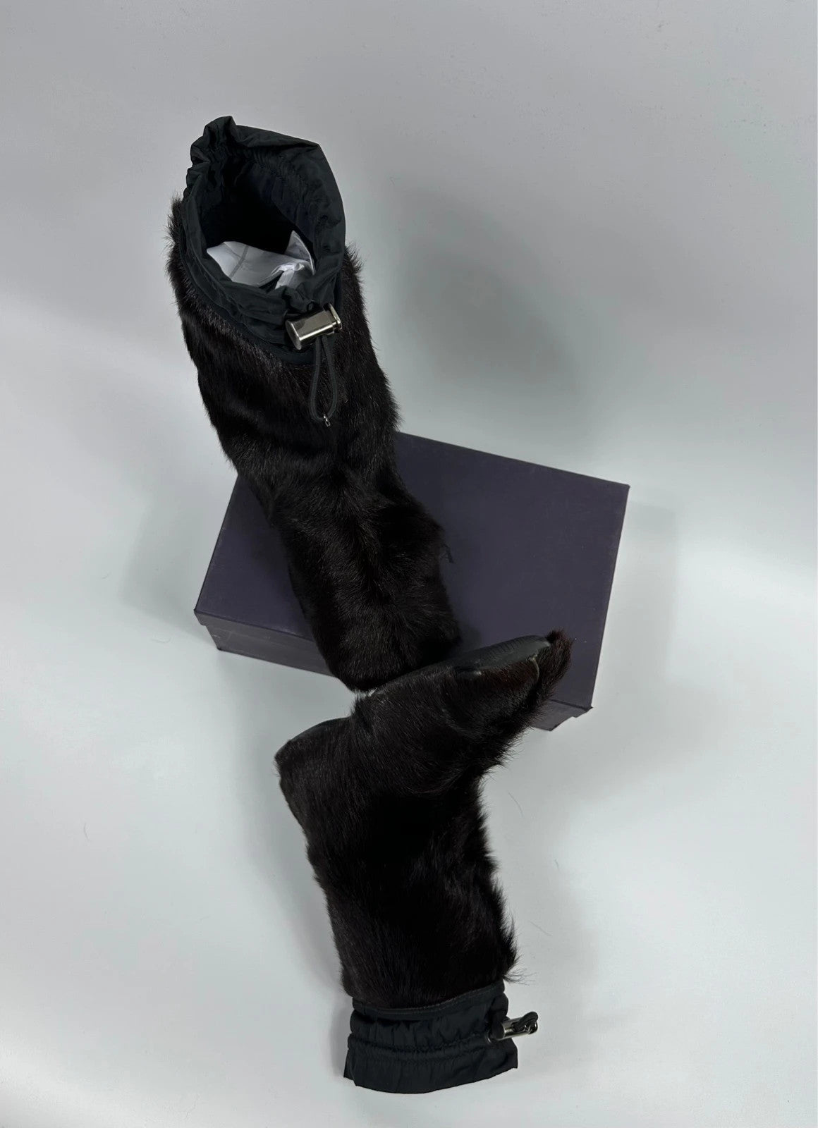 Prada brown fur Yeti boots with logo detail, vintage 1999 runway collection.