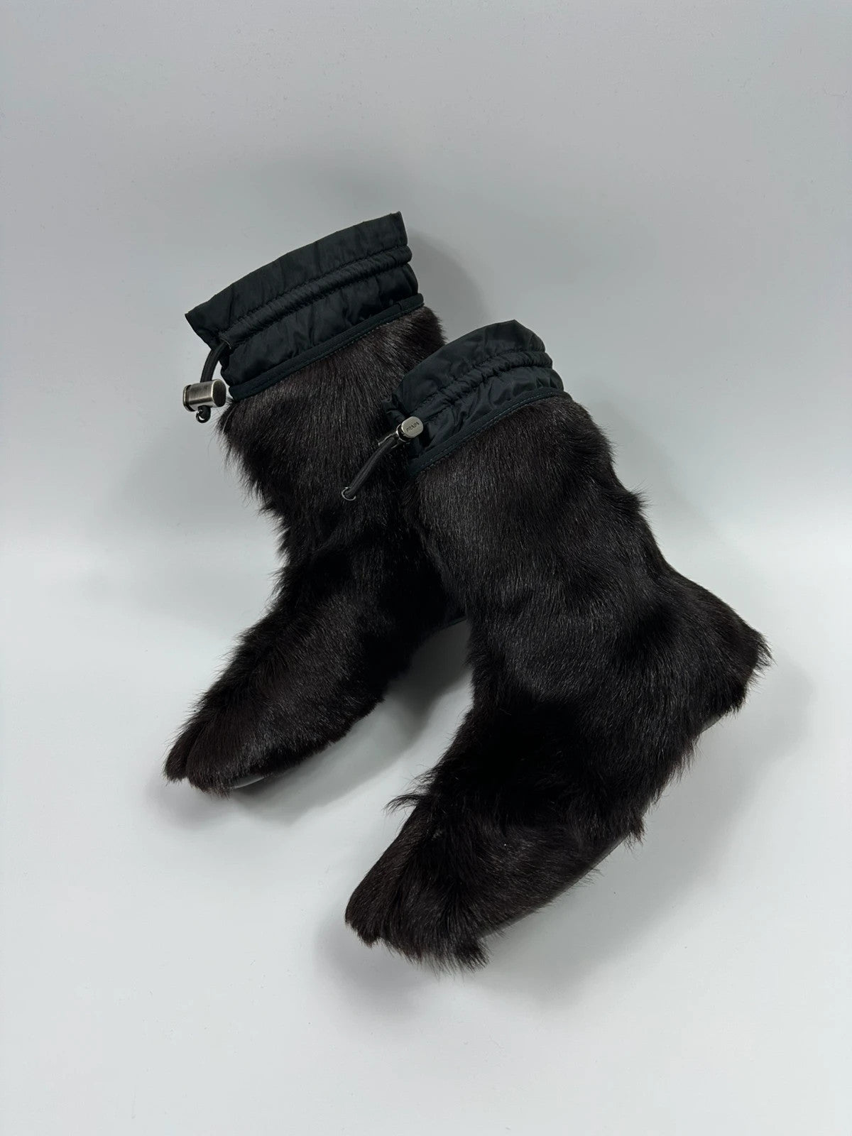 Prada brown fur Yeti boots with logo detail, vintage 1999 runway collection.