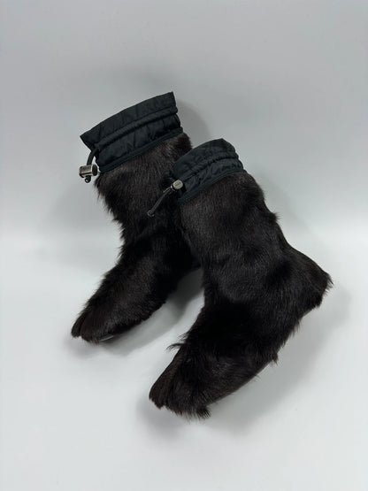 Prada brown fur Yeti boots with logo detail, vintage 1999 runway collection.
