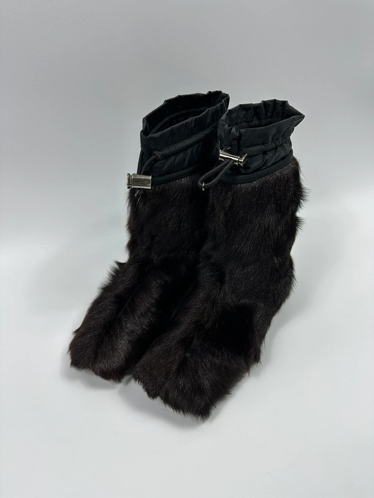 Prada brown fur Yeti boots with logo detail, vintage 1999 runway collection.