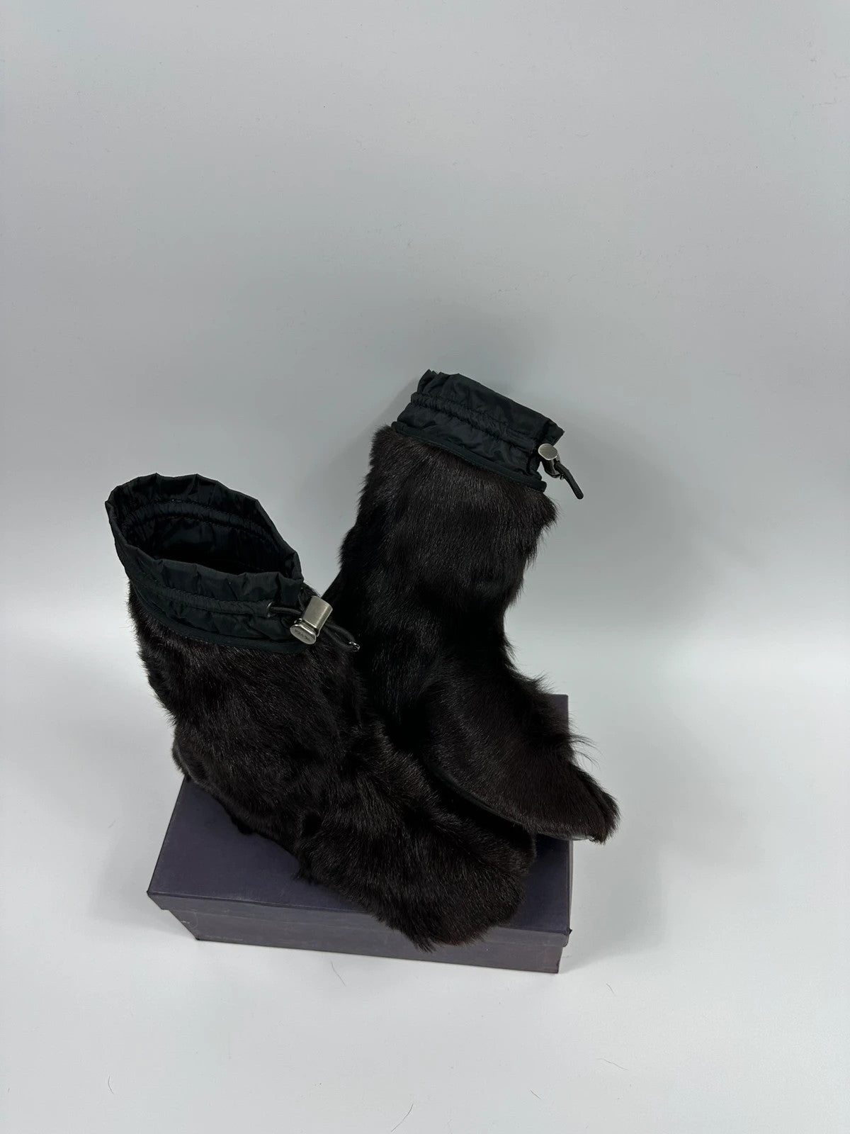 Prada brown fur Yeti boots with logo detail, vintage 1999 runway collection.