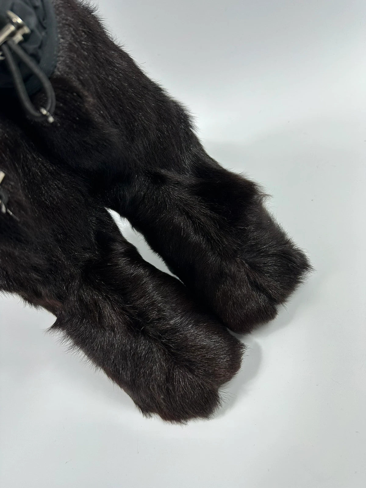 Prada brown fur Yeti boots with logo detail, vintage 1999 runway collection.