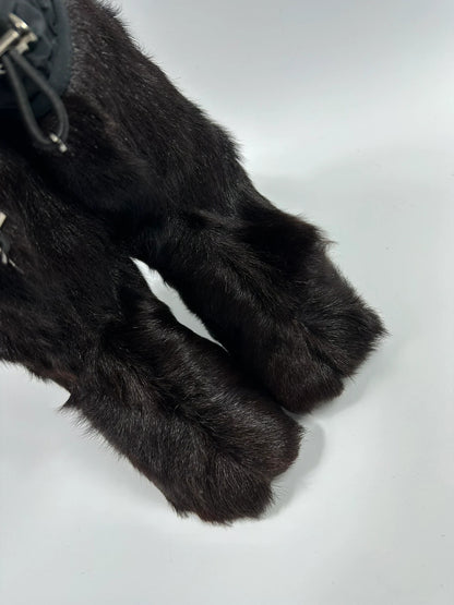 Prada brown fur Yeti boots with logo detail, vintage 1999 runway collection.
