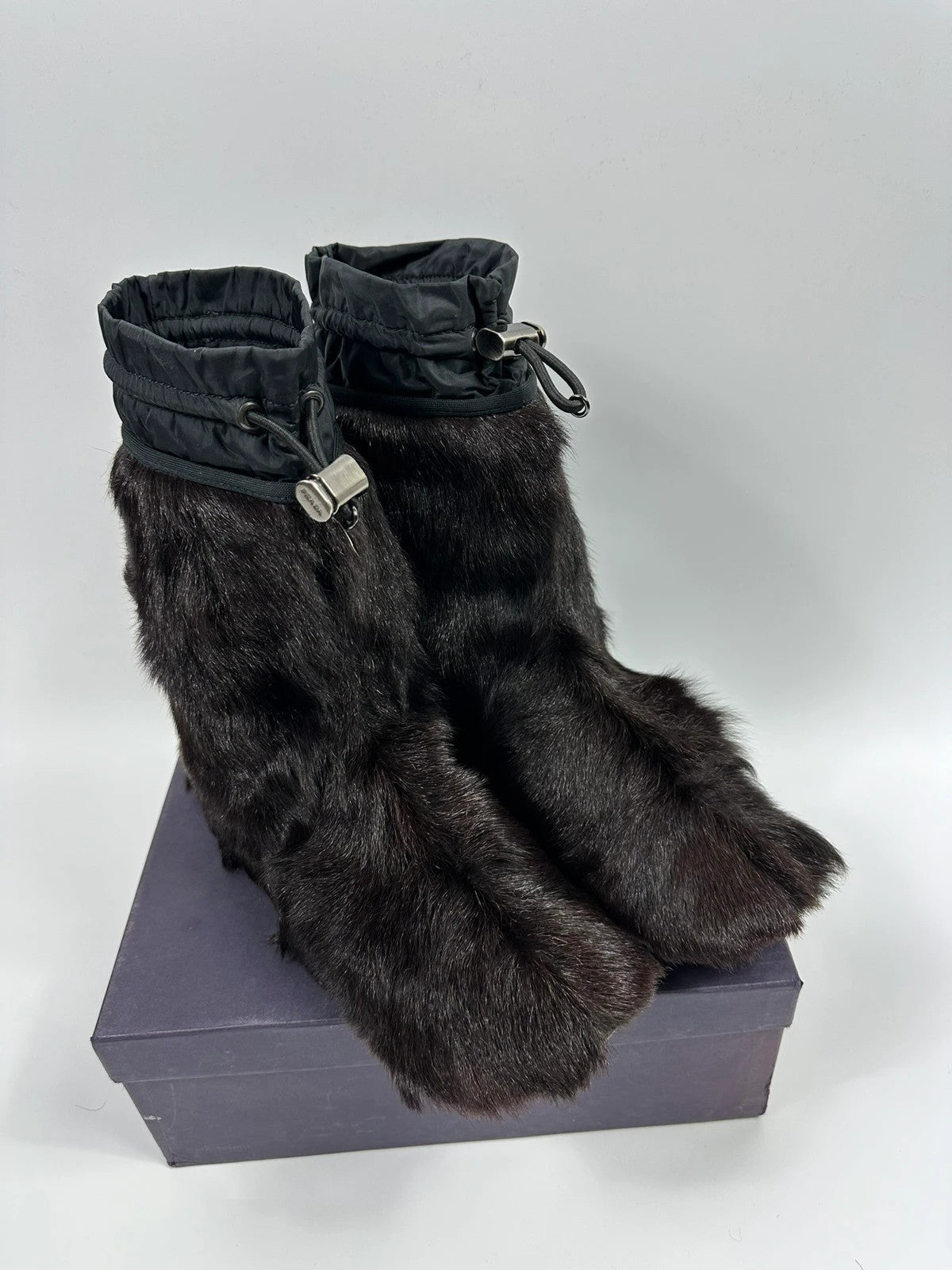 Prada brown fur Yeti boots with logo detail, vintage 1999 runway collection.
