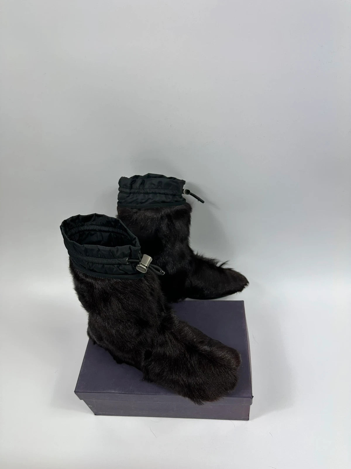 Prada brown fur Yeti boots with logo detail, vintage 1999 runway collection.
