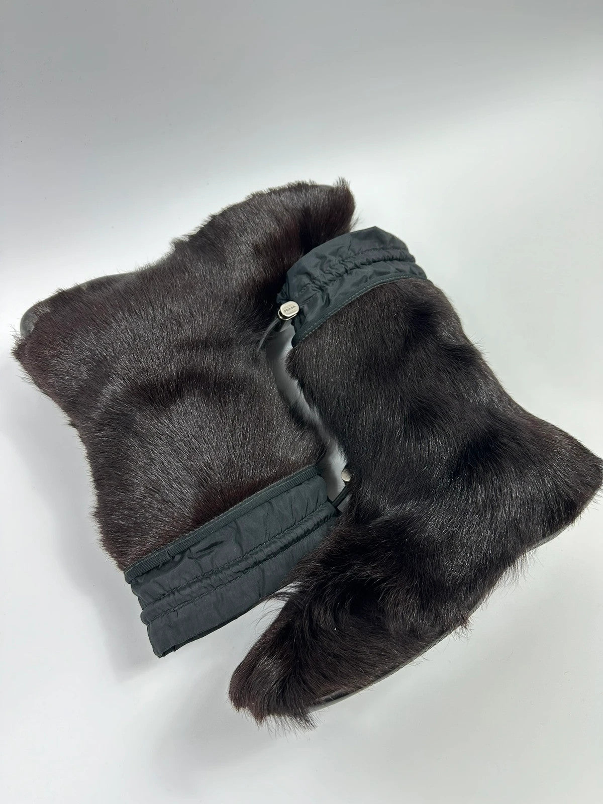 Prada brown fur Yeti boots with logo detail, vintage 1999 runway collection.