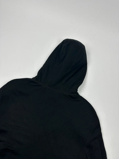 Prada black padded hooded jacket with 90s-inspired patch and braided drawstrings.
