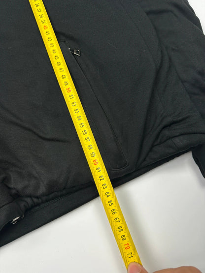 Prada black padded hooded jacket with 90s-inspired patch and braided drawstrings.