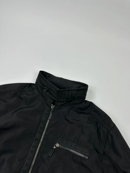 Prada black bomber jacket with hidden hood, minimalist design, luxury runway archive.