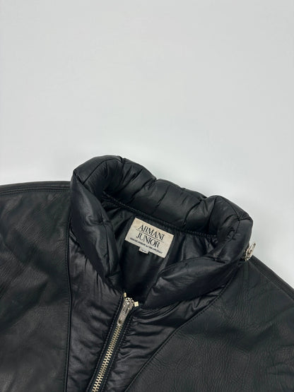 Armani black puffer bomber jacket, leather and nylon, removable sleeves, vintage 90s style.