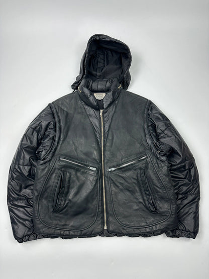 Armani black puffer bomber jacket, leather and nylon, removable sleeves, vintage 90s style.