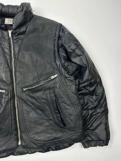 Armani black puffer bomber jacket, leather and nylon, removable sleeves, vintage 90s style.