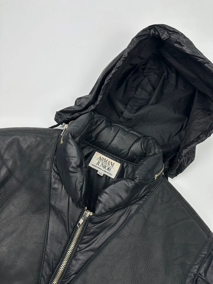 Armani black puffer bomber jacket, leather and nylon, removable sleeves, vintage 90s style.