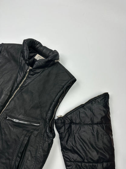 Armani black puffer bomber jacket, leather and nylon, removable sleeves, vintage 90s style.
