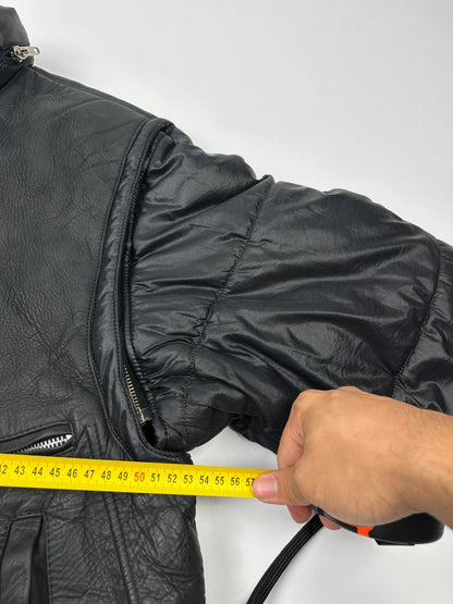 Armani black puffer bomber jacket, leather and nylon, removable sleeves, vintage 90s style.