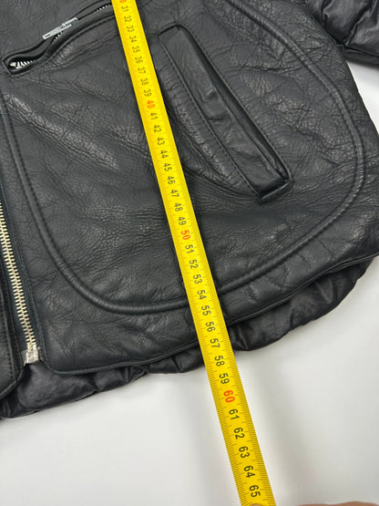 Armani black puffer bomber jacket, leather and nylon, removable sleeves, vintage 90s style.