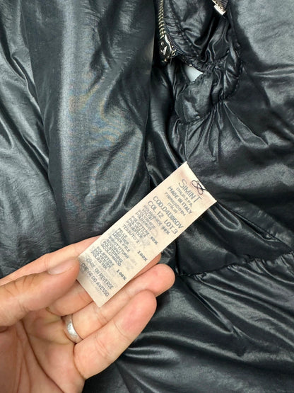 Armani black puffer bomber jacket, leather and nylon, removable sleeves, vintage 90s style.
