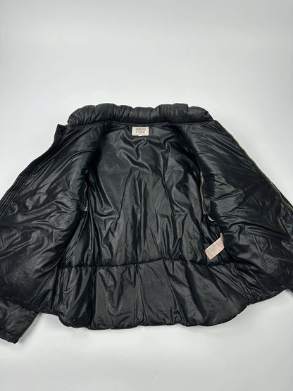 Armani black puffer bomber jacket, leather and nylon, removable sleeves, vintage 90s style.
