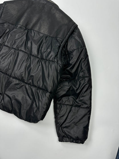 Armani black puffer bomber jacket, leather and nylon, removable sleeves, vintage 90s style.