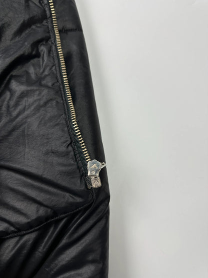 Armani black puffer bomber jacket, leather and nylon, removable sleeves, vintage 90s style.