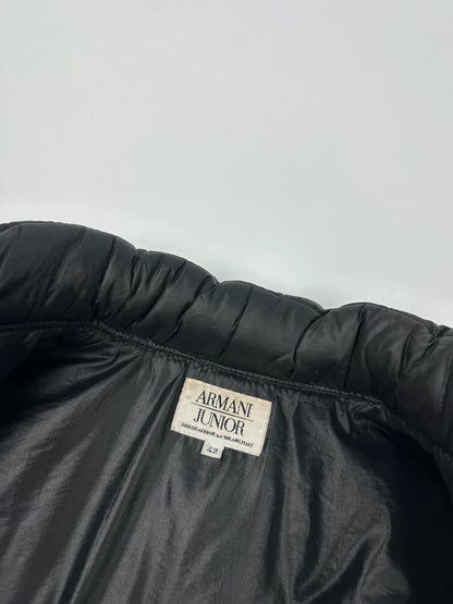 Armani black puffer bomber jacket, leather and nylon, removable sleeves, vintage 90s style.
