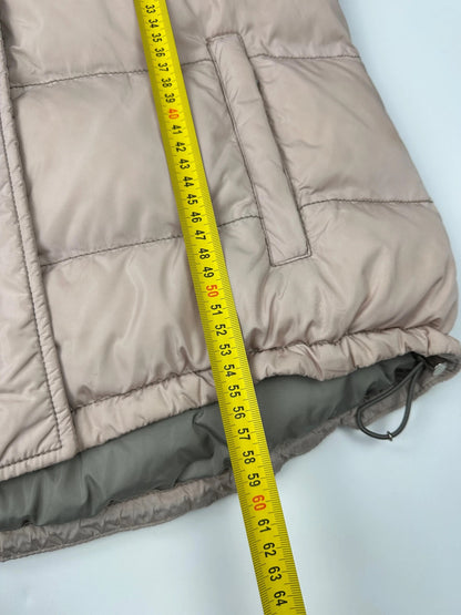 Prada orange and pink puffer vest with retractable hood and logo detailing.