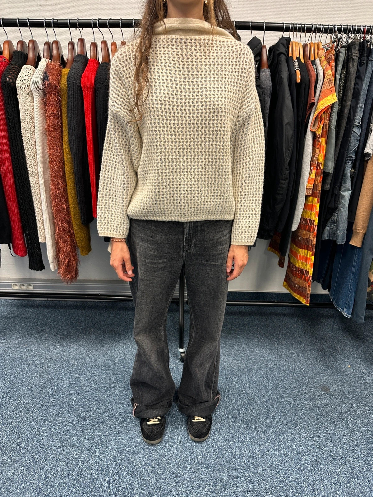 Marithé François Girbaud cream grey turtleneck sweater textured mesh double knit with adjustable ties.
