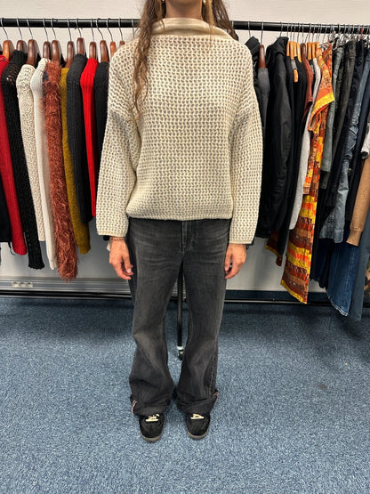 Marithé François Girbaud cream grey turtleneck sweater textured mesh double knit with adjustable ties.