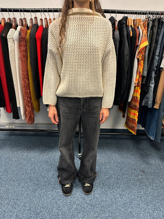 Marithé François Girbaud cream grey turtleneck sweater textured mesh double knit with adjustable ties.