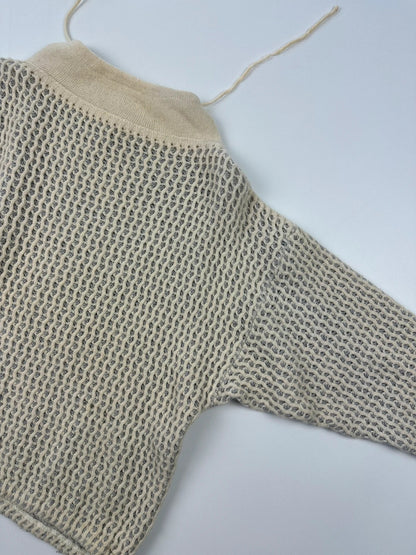 Marithé François Girbaud cream grey turtleneck sweater textured mesh double knit with adjustable ties.