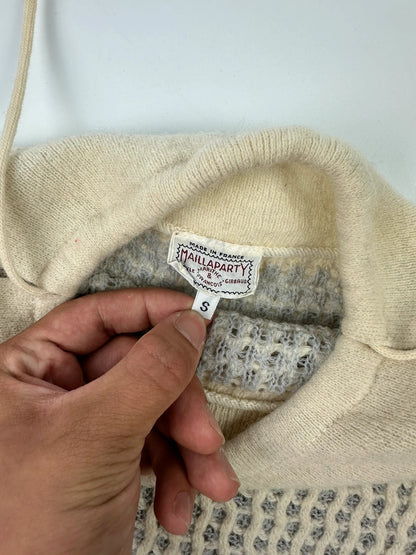 Marithé François Girbaud cream grey turtleneck sweater textured mesh double knit with adjustable ties.