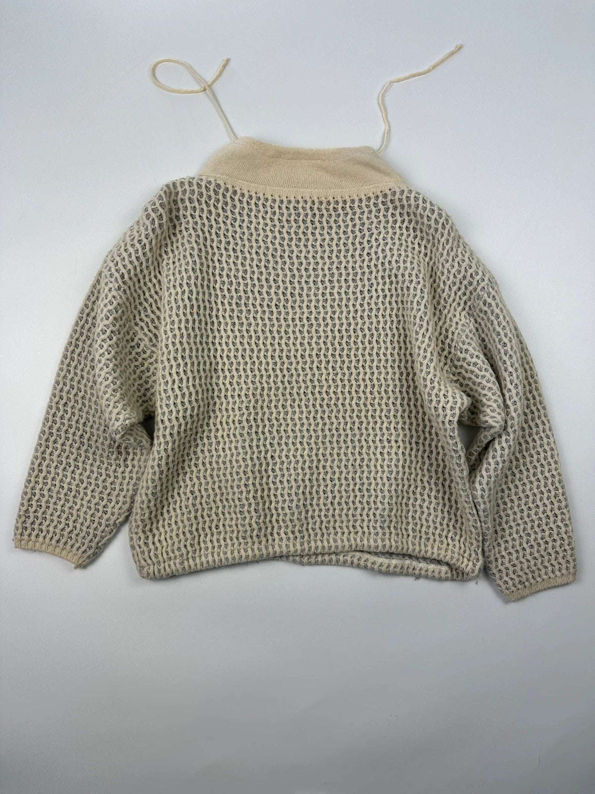 Marithé François Girbaud cream grey turtleneck sweater textured mesh double knit with adjustable ties.