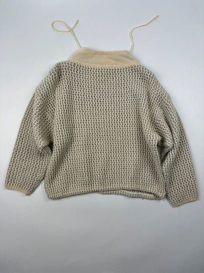 Marithé François Girbaud cream grey turtleneck sweater textured mesh double knit with adjustable ties.