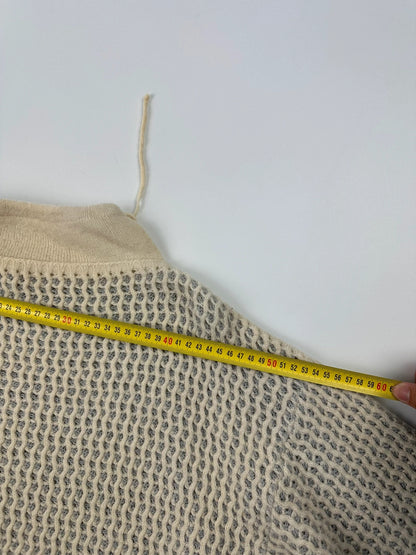 Marithé François Girbaud cream grey turtleneck sweater textured mesh double knit with adjustable ties.